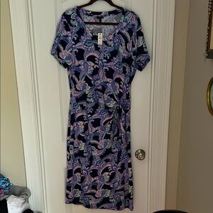 Talbots  100 % Cotton - Navy Paisley Print Floral Faux Wrap Midi Dress- Size XL